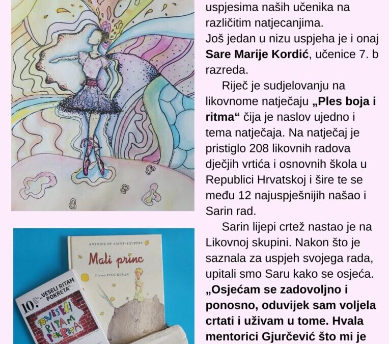 Učenica Sara Marija Kordić postigla odličan uspjeh na likovnome natječaju „Ples boja i ritma“